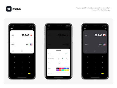 Koins - Light/Dark Mode converter currency dark dieter flat ios iphone minimalist notch ui white x