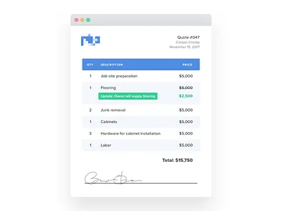 Electronic quote landing page modal popup price quote signature ui ux web website