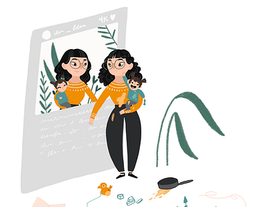 Social Media Mirror editorial illustration kids messy kids mom mom life