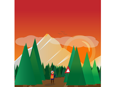 Adventurous adventure birds forrest hiker mountain sunset tree vector