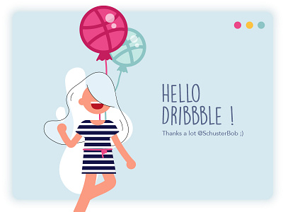 Hello Dribbble ! This is my first shot as you may see ;) balloon first shot fly girl happy hello illustration landing smile trendy webdesign welcome