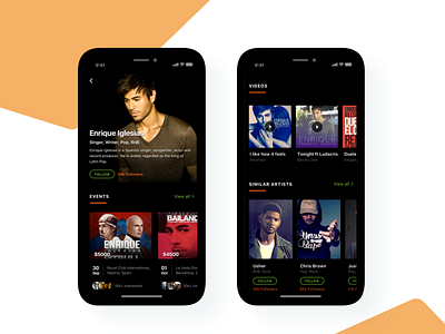 Artist Detail page - Dark Theme artist concerts events iphone x landing page music singer videos