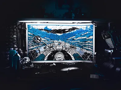 EASYRIDER_serigraphy print_blue hands illustration motorbike nature ride tattoo vector woods