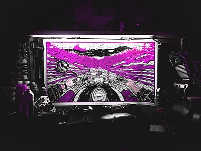 EASYRIDER_serigraphy print_pink custombike freedom hands illustration motorbike nature ride tattoo vector woods