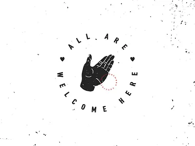 All Are Welcome Here badge black circle logo modern old school refugee screen print tattoo typo white