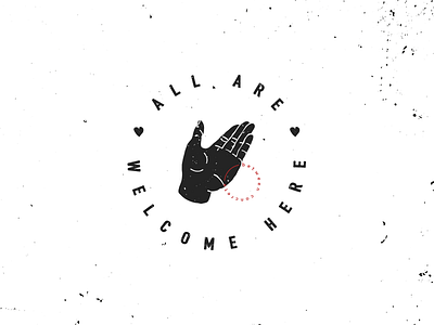 All Are Welcome Here badge black circle logo modern old school refugee screen print tattoo typo white