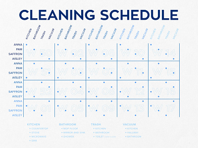 Cleaning Schedule blue cleaning contribute design flatmates graphic design housing information print roommates schedule