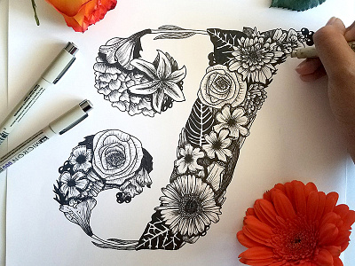 J black and white drawing floral flower handlettering illustration ink lettering pen sketch skillshare typography