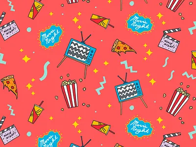 Movie Night Pattern digital drawing food hand drawing icons illustration movie pizza popcorn tv