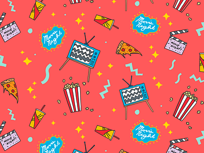 Movie Night Pattern digital drawing food hand drawing icons illustration movie pizza popcorn tv