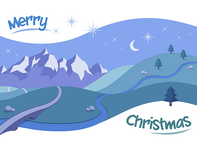 Christmas Landscape clean flat illustration mountains night retro simple vector winter