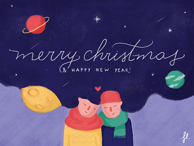 Christmas Postcard boy christmas couple girl illustration love new year saturn space universe winter