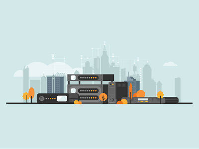 Advanced Digital broadcast buildings city cloud digital flat illustration network server tree