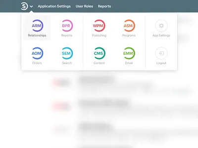 Systems Hub - suite of web apps - app selector dropdown app apps colorful dropdown global dropdown hub icons popover selector settings suite systems