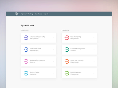 Systems Hub - suite of web apps - index screen / app selector app colorful hub icons index page selector splash systems