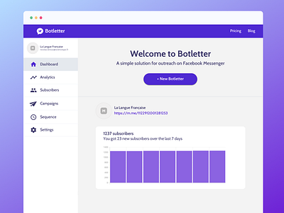 Botletter 2.0 app chart dashboard design flat navigation purple