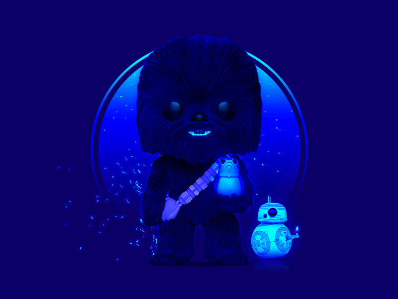 Funko Pop! Star Wars: The Last Jedi - Chewbacca + Porg + BB-8 2d animation art bb8 blue character clean design figure flat funko gif graphic design illustration minimal motion neon photoshop star wars web