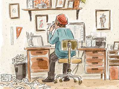 Studio chair cold desk flu illustration mixed media pencil people studio watercolor