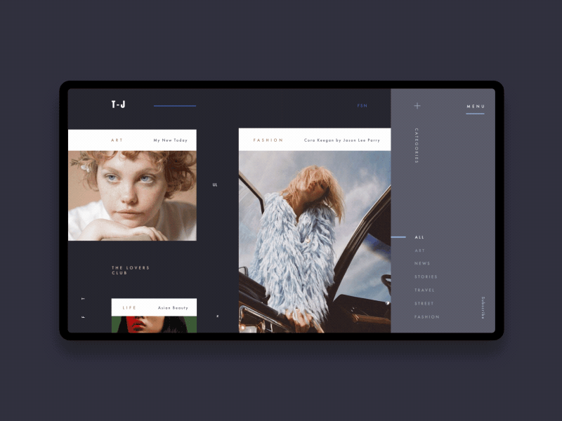 T-J Editorial Blog Open Menu & Article Inner Page Animation anim article blog concept gallery inspiration interface journal motion photo ui ux
