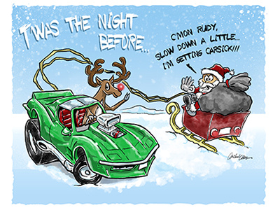 Santa and Rudy cartoon corvette santa