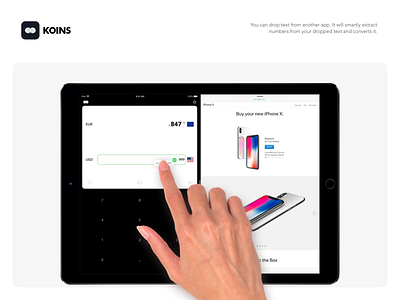 Koins - Drag and Drop converter currency dark dieter flat ios iphone minimalist notch ui white x