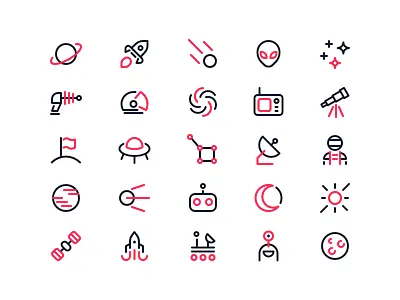 Space Icons alien astronaut blaster comet galaxy moon rover robot rocket spaceship sun telescope ufo