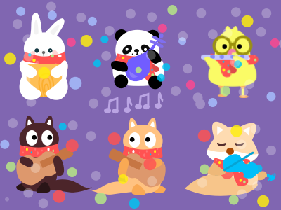 Rehearsal Time bird cat christmas fox illustration instrument music panda rabbit scarf snow