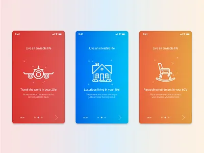 Mitraz App Onboarding app. finance chair gradients house onboarding plane ux