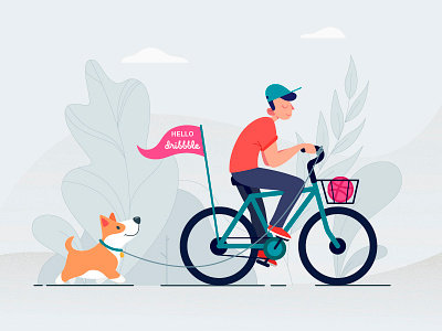 Hello Dribbble! bicycle bike corgi cyclist debut dog first short hello dribbble illustration illustrator invites thanks