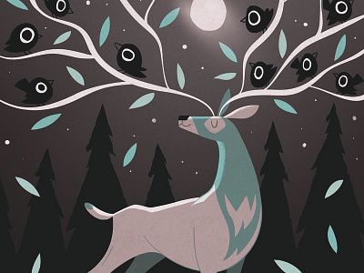 The King of the Forest bird deer forest gaspart illustration moonlight nature river