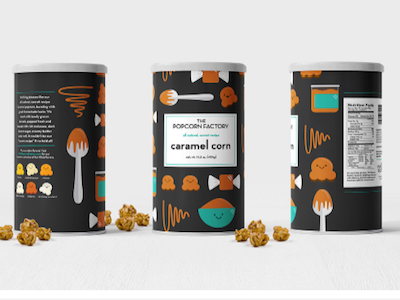 Concept packaging for The Popcorn Factory iconography illustration packaging