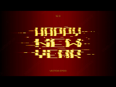 New Year's golden glitch display effect glitch gold happy logo new year pixel poster screen sparkles vector