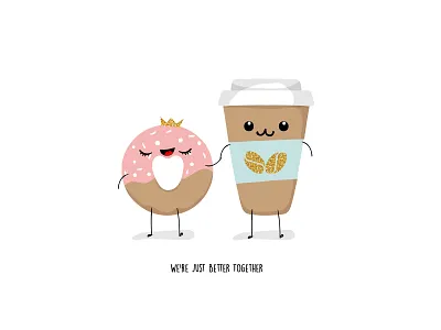 Coffe+Donut=Love)) cartoon character coffee day design donut heart illustration kawaii sweet valentines vector