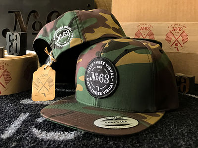 63 Visual Snap Back 63visual box branding camo hat logo package promo tag woodblock