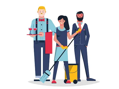 Workers 2d character cleaning employees flat lady person waiter
