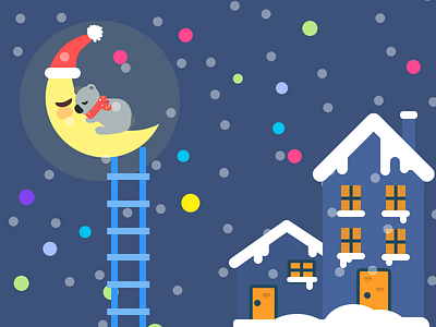 The baby koala found a magical ladder chrismas dream house illustration koala ladder moon red scarf sleep snow window