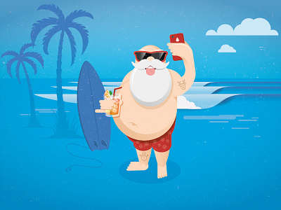 Merry Xmas christmas cocktail drink holidays illustration santa claus selfie surfing waves xmas