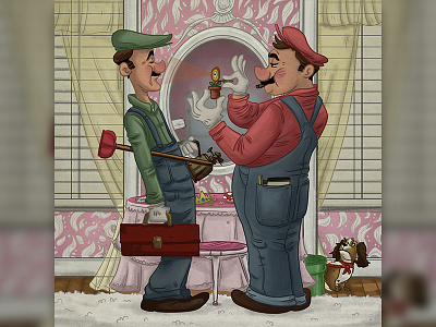 Two Plumbers luigi mario nintendo norman rockwell plumbers