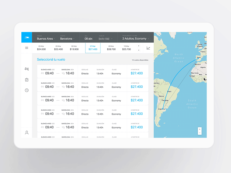 Aerolíneas Argentinas - Redesign Concept - Search Results aerolineas airlines animation argentinas flight graphs menu patagonia results ui ux web