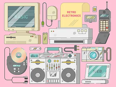 Retro Electronics 90s design electronics flat illustration old retro set style technology vector vintage