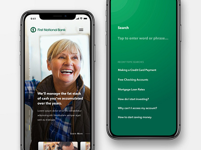 Mobile Search and Homepage bank card ui green uiux