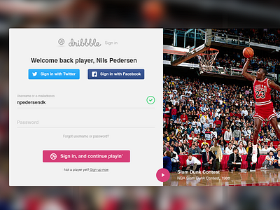 Slamdunk Dribbble Login - Update & tweaks basketball design dribbble facebook form login re design sign in twitter ui video web design