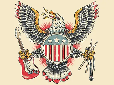 American Rockstar animals band drums eagle guitar illustration music patriotic rock tattoo threadless