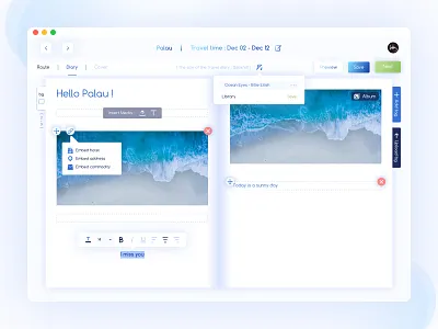 Write your travelogue blue clean landing notes page planning travel travelogue ui website