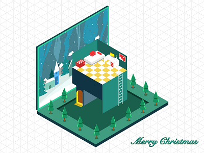 merry christmas 2.5d architecture christmas green illustration pine ps