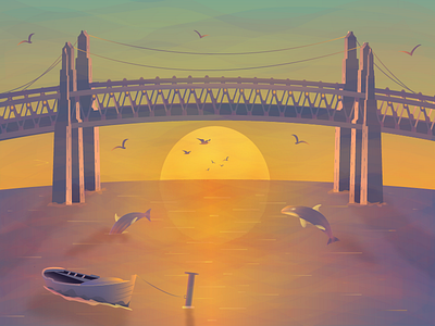 Sunset bridge design illustration lake landscape sunset valley