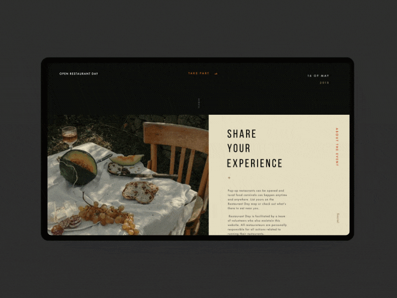 Open Restaurant Day Event Website Concept Animation anim cafe concept cooking day imagery interface motion restaurant ui ux website