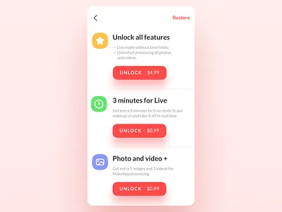 MakeApp's purchase screen app ar call to action editor features icons ios photo purchase ui ux video