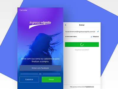 Login screen for Ingresso Rápido account app e mail event facebook ios login show sign in ticket ui