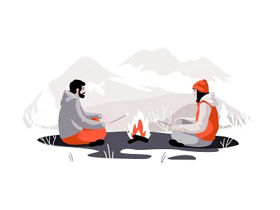 By the fire character fire illustration man nature tree vector woman